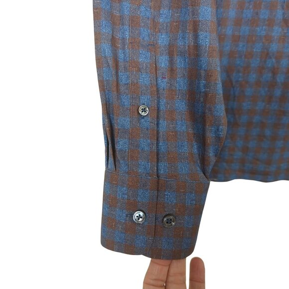 Bugatchi Classic Fit Mens Brown Blue Checkered Long Sleeve Button-Up Shirt sz XL - Picture 4 of 16